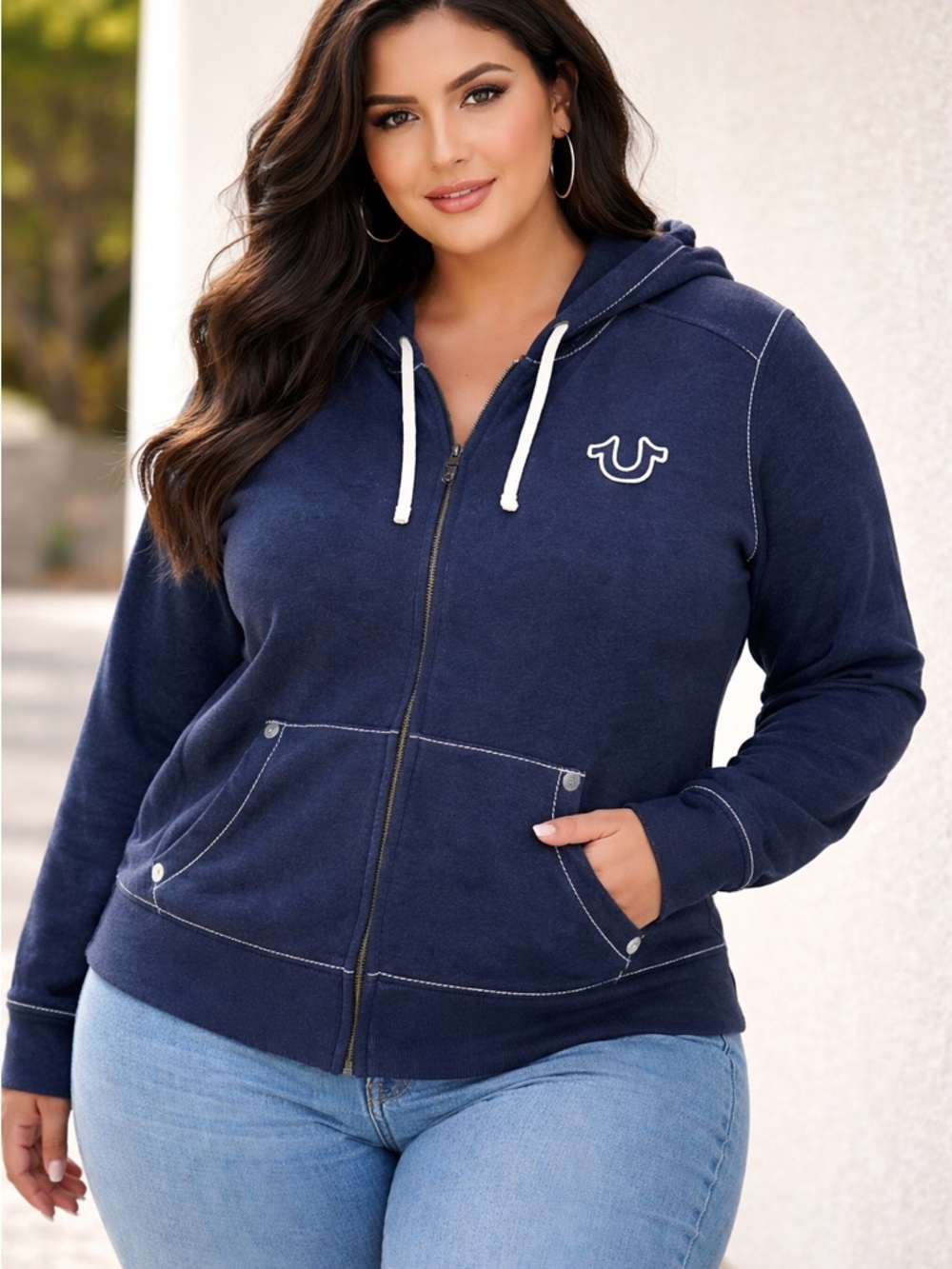 True Religion Navy Full-Zip Hoodie with White Drawstrings - 2XL